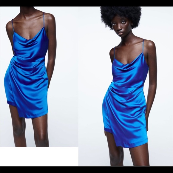 ZARA cobalt blue satin effect ruched draped mini dress Sz XS worn only once - Picture 2 of 7